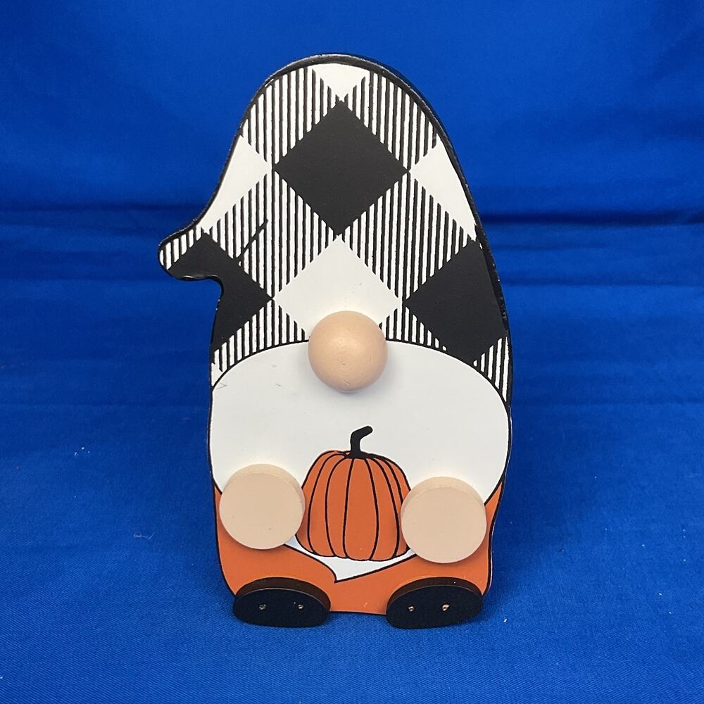 Fall Buffalo Plaid Gnome Shaped Wooden Block Sign Pumpkin 3D Nose Thanksgiving